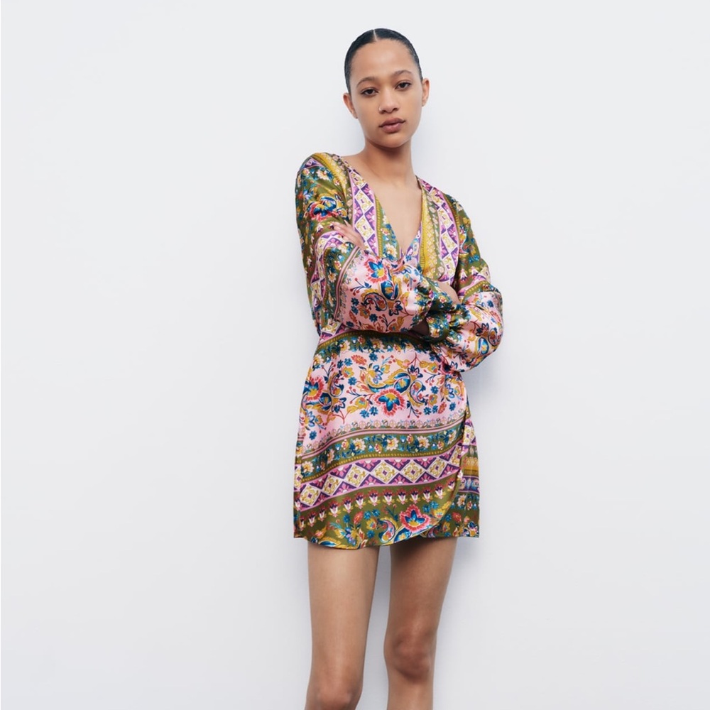 Zara Satin Effect Mini Dress with V neck wrap front. XS, worn twice